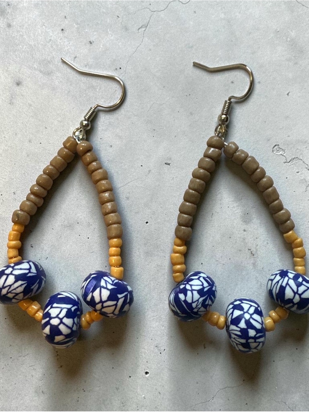 Blue Patterned Bead Hoop Earrings with Tan & Mustard Accents